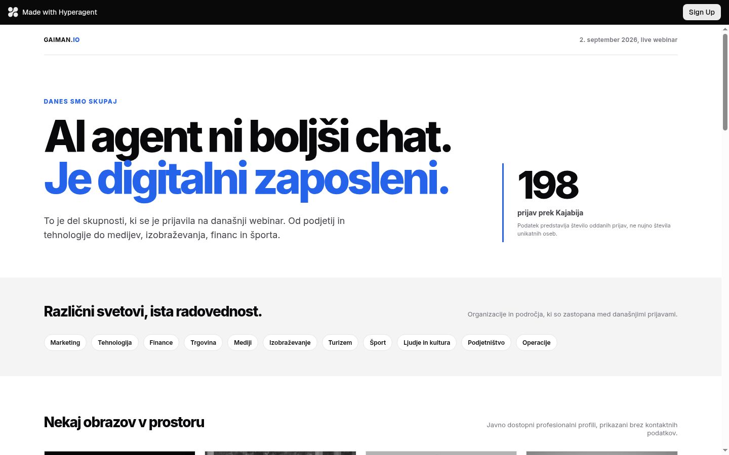 Spletna stran Kdo je danes tukaj z 198 prijavami, panogami in obrazi udeležencev