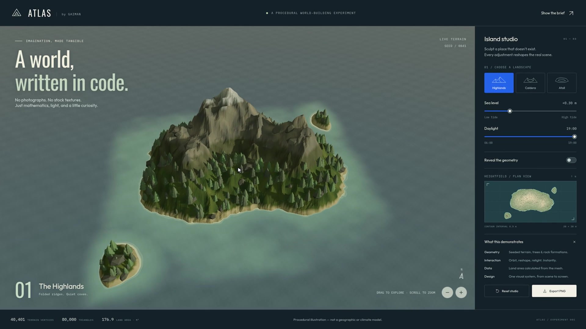 Dejanski prikaz ATLAS: tridimenzionalen otok z drevesi ter kontrolami za pokrajino, morje in dnevno svetlobo.